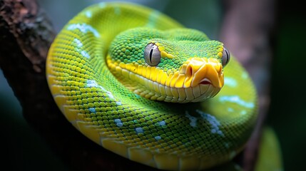A close-up of the green-yellow snake, curled up on its tree branch with its head held high and eyes focused ahead
