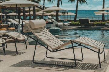 Fototapeta premium A lounge chair is sitting on a concrete patio next to a pool