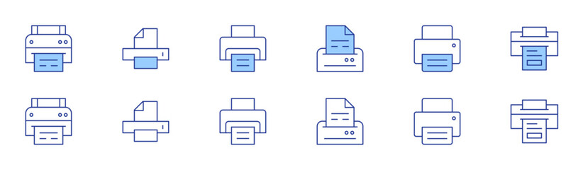 Printer icon set in two styles, Duotone and Thin Line style. Editable stroke. cloud printing, plotter, print preview, print head, print maintenance, print envelope.-1