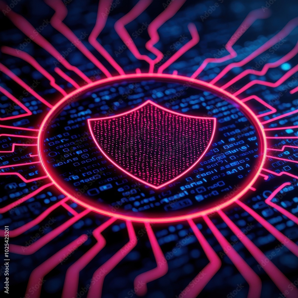 Poster digital security shield with circuits on a dark background, modern design.