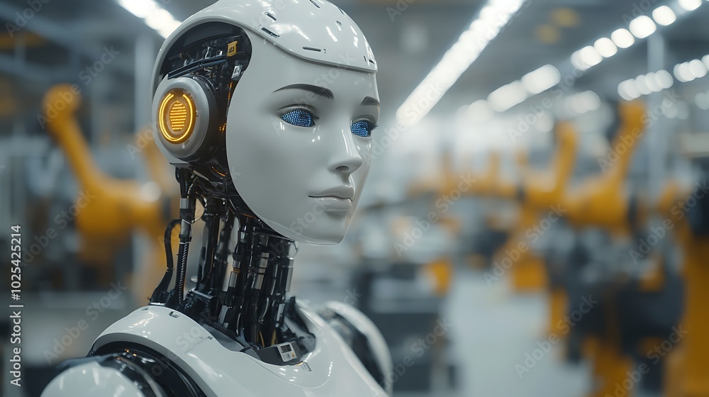 Poster humanoid robot in a modern factory setting