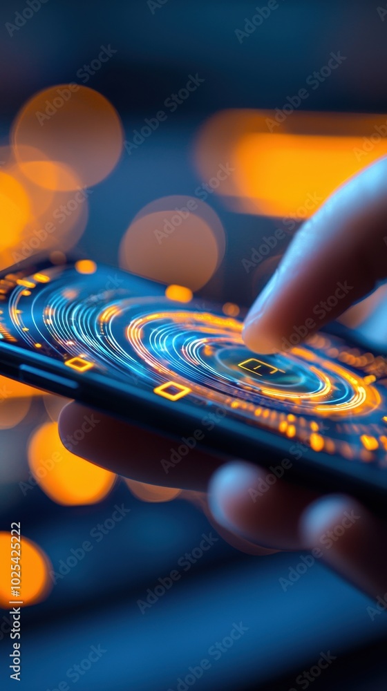 Poster close-up of a hand interacting with a smartphone app interface, blurred background.