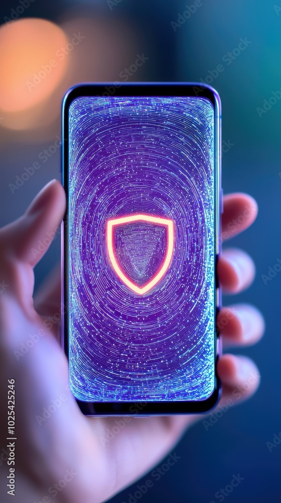 Poster hand holding smartphone displaying a digital security shield on the screen.
