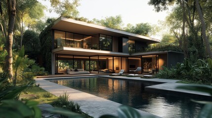 Fototapeta premium modern minimalistic mediterranean villa with a pool, light beige tones, terracotta tile roof and walls