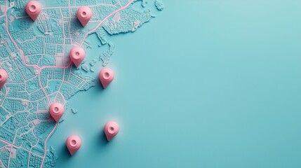 Photo of a map with pink pins, representing location tracking for an app on a blue background. Web banner with copy space on the right, in the style of an app promotion