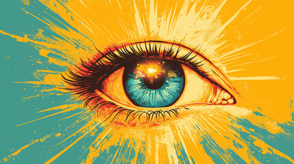 An illustration of an eye in the form of a shining sun, symbolizing clear vision and brighter futures through eye health awareness, with copy space, World Sight Day