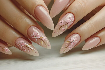 Easter-inspired nail art featuring subtle floral designs on long, almond-shaped nails