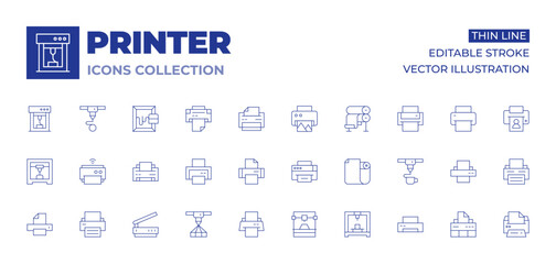 Printer icons collection. Thin Line icons, editable stroke. scanner, paperroll, serigraphy, printer