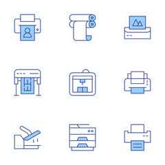 Printer icons set. Line Duotone style, editable stroke. print chart, print diagram, photocopier, print cylinder, print menu