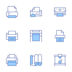 Printer icons set. Line Duotone style, editable stroke. print software, print sticker, cylinder, print document, duplex printing