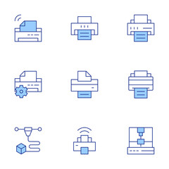 Printer icons set. Line Duotone style, editable stroke. wifi, settings, printing, printer