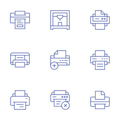 Printer icons set. Thin Line style, editable stroke. add, cross, printer