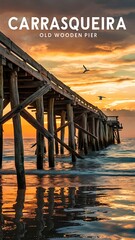 Fototapeta premium Carrasqueira old wooden pier at sunset, Soain