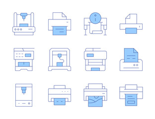 Printer icons. Line Duotone style, editable stroke. network printer, wireless printing, print report, print layout, print queue