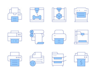 Printer icons. Line Duotone style, editable stroke. pause, bone, printcylinder, printer