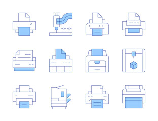 Printer icons. Line Duotone style, editable stroke. plotter, print preview, printer troubleshooting, print margins, printer