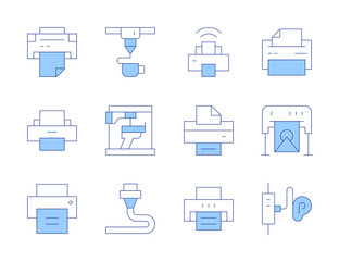 Printer icons. Line Duotone style, editable stroke. print ad, print monitor, network printer, wireless printing, print queue