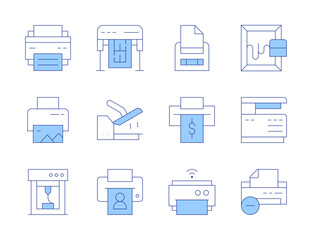 Printer icons. Line Duotone style, editable stroke. print card, plotter, print driver, print ad, print icon