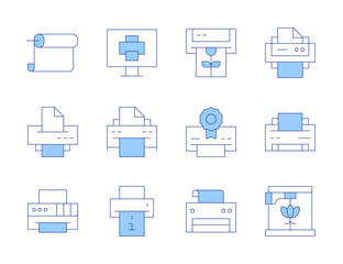 Printer icons. Line Duotone style, editable stroke. print card, largeformat, print quality, print history, print template
