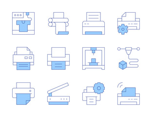 Printer icons. Line Duotone style, editable stroke. print icon, print history, print driver, print error, print maintenance