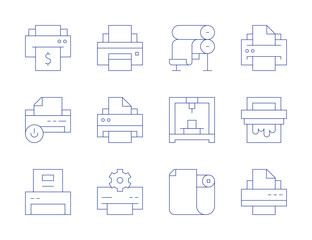 Printer icons. Thin Line style, editable stroke. power, paperroll, printing, printer