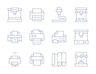 Printer icons. Thin Line style, editable stroke. print layout, print margins, print test page, print error