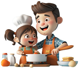 3D full-body character icon of a child and father cooking together with happy smiles