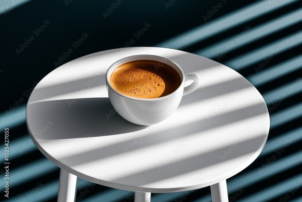 Poster minimalist cup of coffee placed on a clean, white table with only a soft glow from early morning lig
