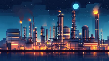 Industrial Night Landscape with Illuminated Towers and a Full Moon