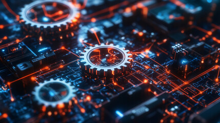 interconnected gears and circuitry symbolizing synergy between technology and business 