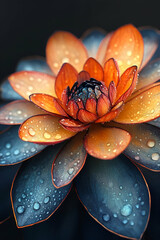 A flower with blue and orange petals is drooping with water on its petals. The droplets of water give the flower a fresh and lively appearance