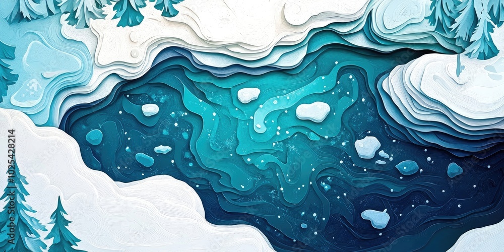 Aufkleber Aerial perspective of frozen patterns on a river surface, Aerial view of frost patterns on a river