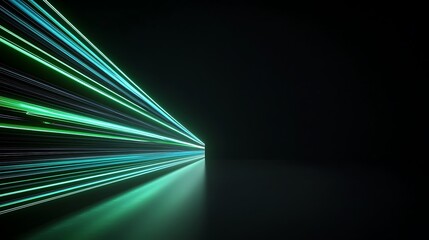 Abstract green and blue neon light streaks on black background.