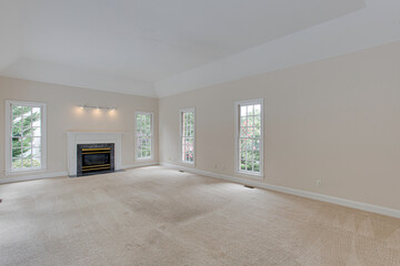 Spacious Empty Room With Fireplace And Tall Windows.