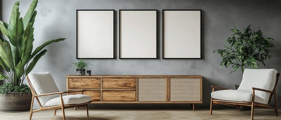 Three mock up frames adorn the wall, with a wicker dresser and an armchair with pillows adding charm to the room's decor.