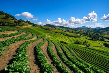 Minimalist terraced farmland, with clean, repeating lines of crops on a hillside, emphasizing the geometry of rural land use