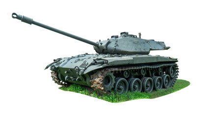 Old military battle tank isolated on white background. Vintage army tank on grass isolated