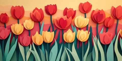Fototapeta premium Vibrant background of red and yellow tulips, Colorful display of red and yellow tulips in a vibrant setting