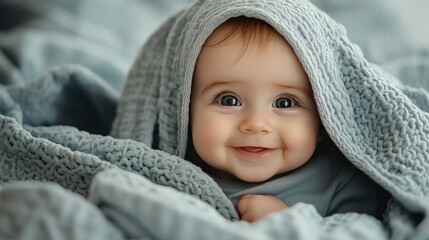 A smiling baby girl peeks out from under a soft blue blanket.