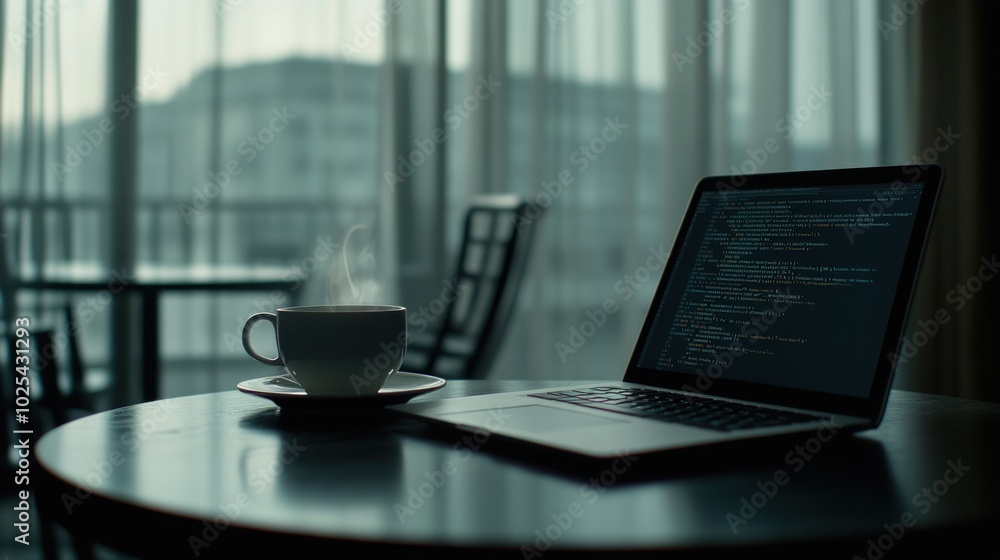 Aufkleber a steaming cup of coffee sits on a table next to an open laptop with code visible on the screen. the
