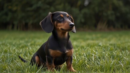 A black and tan dachshund sits in a field of grass, looking up.