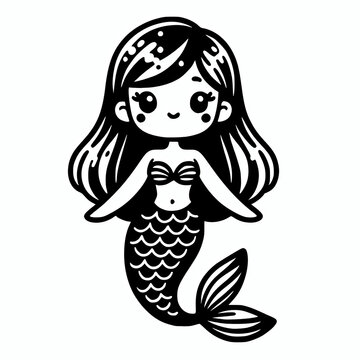 black and white cartoon mermaid