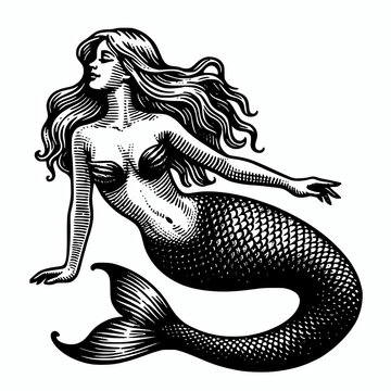 recommend clip art: Vintage illustration of a beautiful mermaid posing on white background