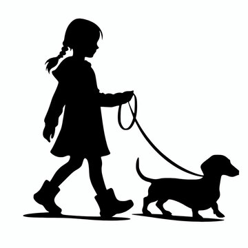 recommend clip art: A young girl walking a dachshund dog with leash on hand black silhouette vector illustration, wiener sausage dog clip art element