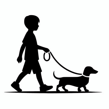 recommend clip art: A young boy walking a dachshund dog with leash on hand black silhouette vector illustration, wiener sausage dog clip art element