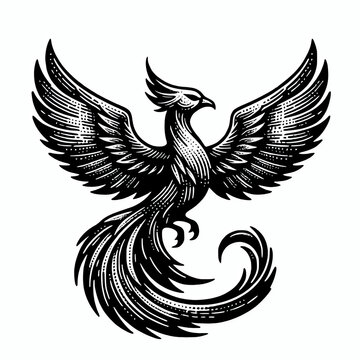 Vintage engraved illustration of a phoenix bird with wings out logo symbol emblem 