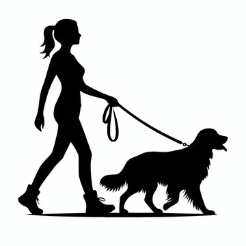 recommend clip art: A woman walking a golden retriever dog on leash vector illustration clip art element design