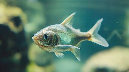 Naklejka premium A flying fish gliding gracefully above the water, captured mid-air with its fins extended. The fish's shimmering scales reflect the sunlight as it takes flight, showcasing the beauty and agility 