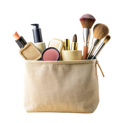 Different makeup objects in canvas bag