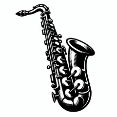 Naklejka premium Vintage Saxophone Jazz Music Illustration in Black and White - Artistic Representation of Woodwind Instrument and Performance Art
